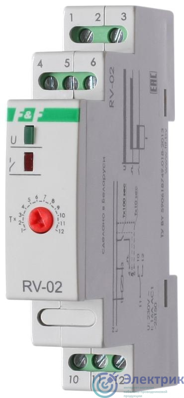 Реле времени RV-02 16А 1..120с 230В 1 перекл. IP20 задержка выключ. монтаж на DIN-рейке F&F EA02.001.008