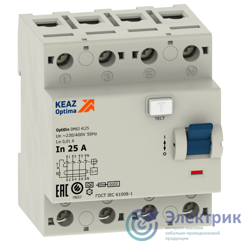 Выключатель дифференциального тока (УЗО) 4п 40А 100мА OptiDin DМ63-4340 AC УХЛ4 КЭАЗ 254212