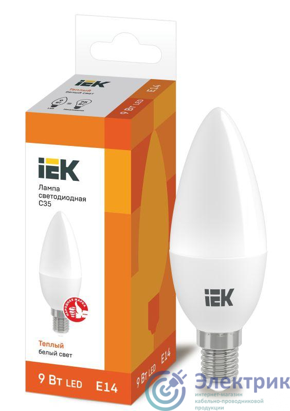 Лампа светодиодная ECO C35 9Вт свеча 3000К E14 230В IEK LLE-C35-9-230-30-E14