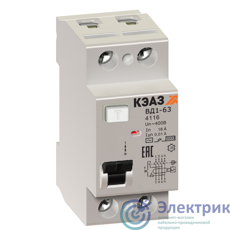 Выключатель дифференциального тока (УЗО) 2п 100А 30мА тип AC ВД1-63 22100 УХЛ4 КЭАЗ 221909
