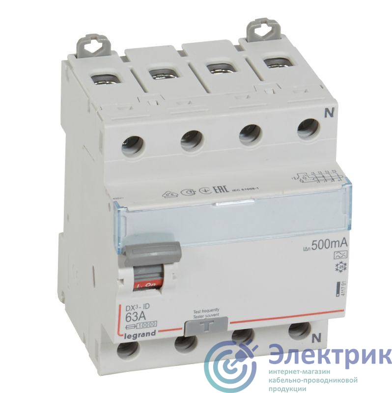 Выключатель дифференциального тока (УЗО) 4п 63А 500мА тип A DX3 N справа Leg 411791