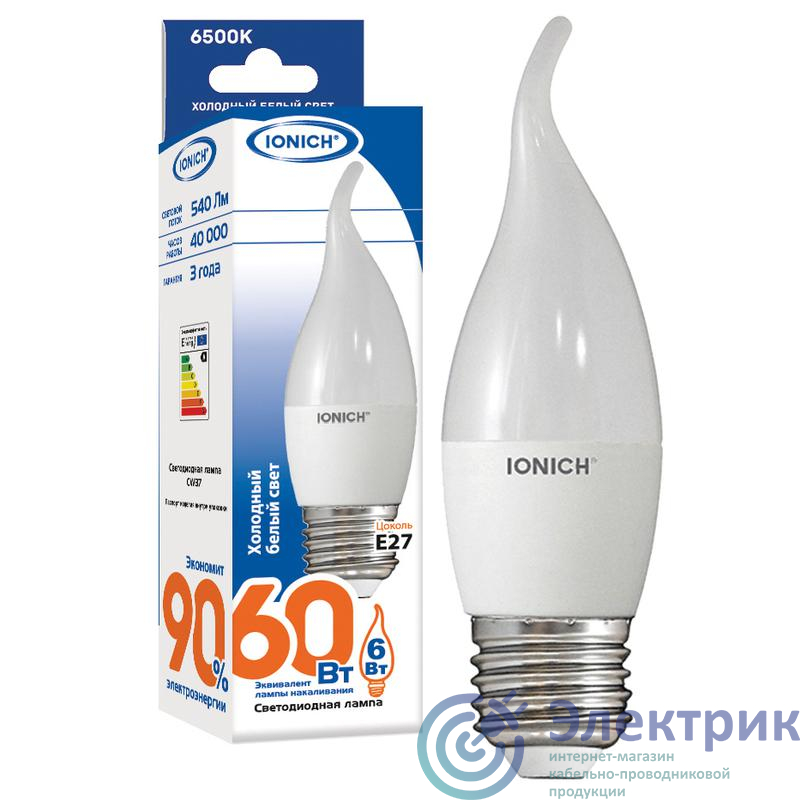 Лампа светодиодная ILED-SMD2835-CW37-6-540-220-6.5-E27 6Вт свеча на ветру 6500К холод. бел. E27 540лм 230-240В IONICH 1541