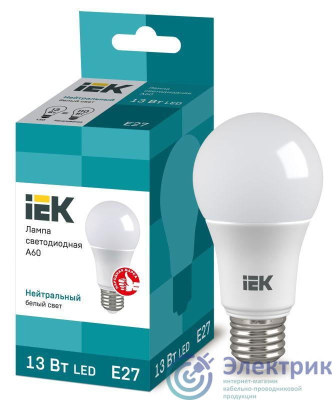 Лампа светодиодная Eco 13Вт A60 шар грушевидная 4000К нейтр. бел. E27 230В IEK LLE-A60-13-230-40-E27