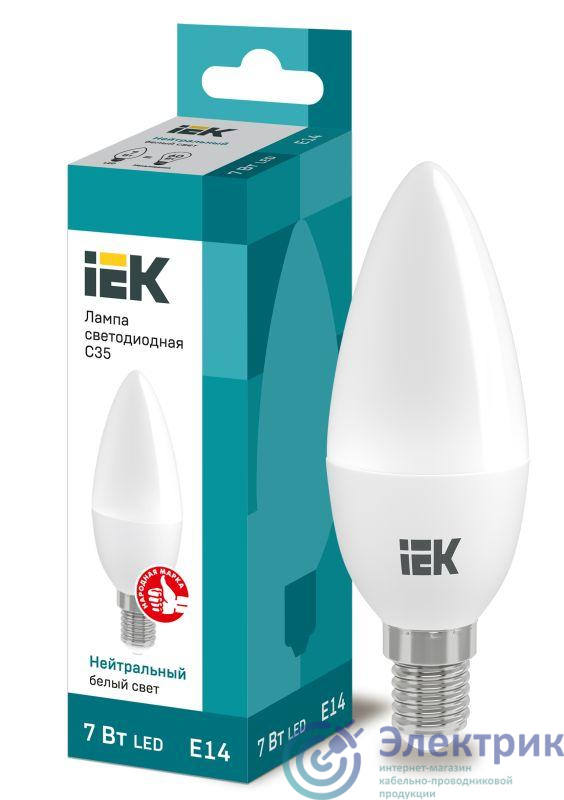 Лампа светодиодная Eco 7Вт C35 свеча 4000К нейтр. бел. E14 230В IEK LLE-C35-7-230-40-E14