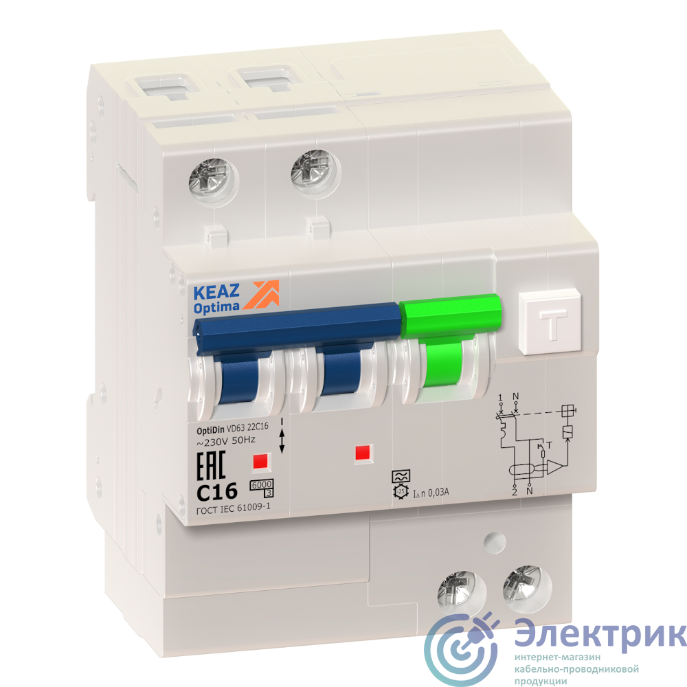 103452 | Выключатель автоматический дифференциального тока АВДТ с защитой от сверхтоков 2П 10А 30мА AC OptiDin VD63-22C10-A-УХЛ4 КЭАЗ 